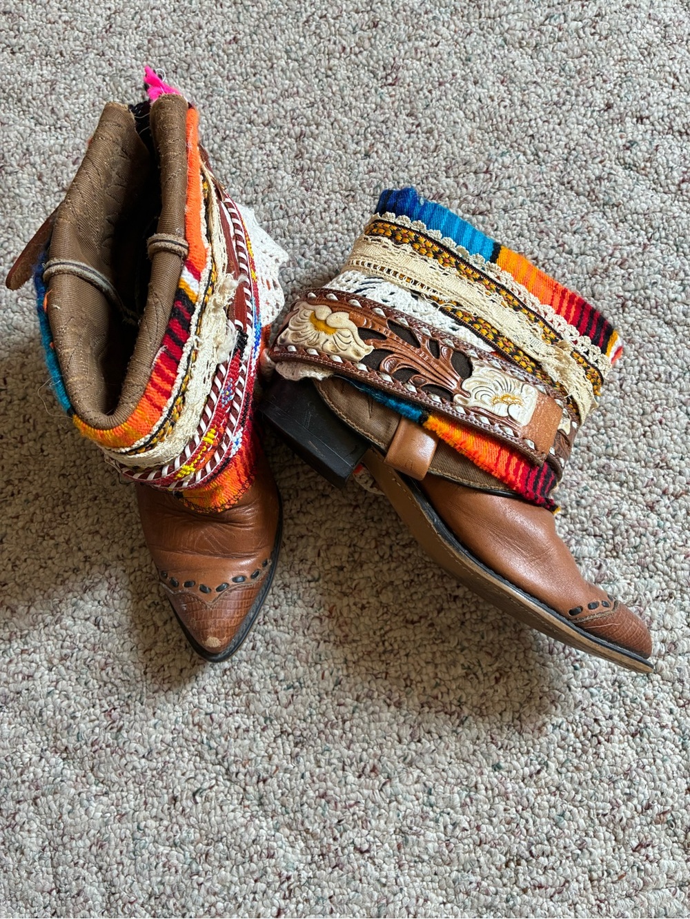 Women's Brown Leather Multicolor Western Ankle Boots—One of a Kind!